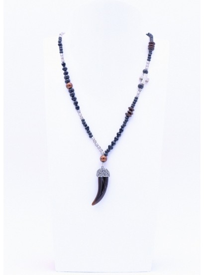 Glasperlenkette Zahn Strass Schwarz Silber