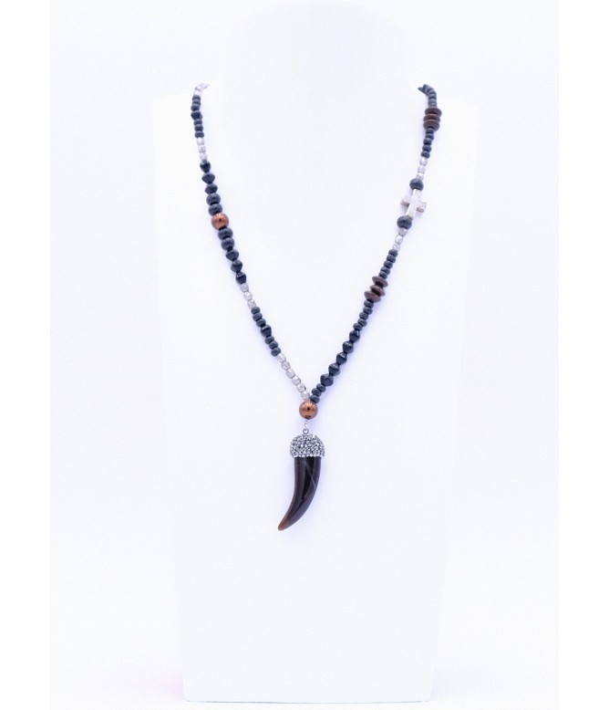 Glasperlenkette Zahn Strass Schwarz Silber