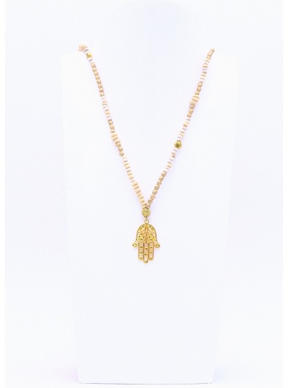 Perlenkette Hamsa Hand in Gold/Creme