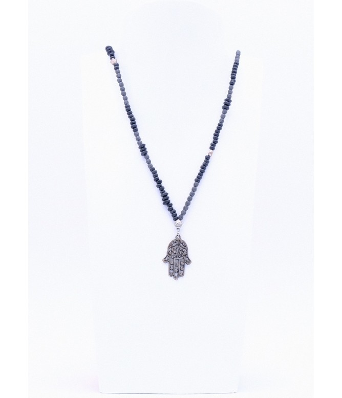 Schwarze Halskette Hamsa Hand mit Silberperlen