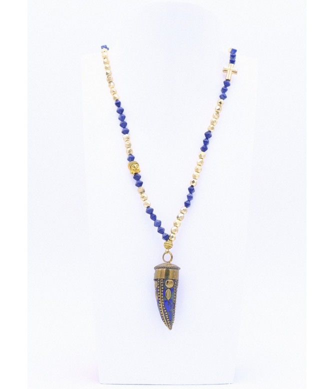 Perlenkette Lang mit Metallzahn in Blau/Gold