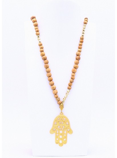 Perlenkette Hamsa Hand XL Gold Hellbraun