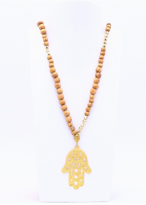 Perlenkette Hamsa Hand XL Gold Hellbraun