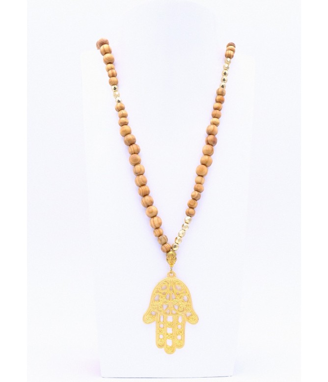 Perlenkette Hamsa Hand XL Gold Hellbraun