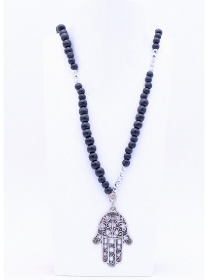 Perlenkette Hamsa Hand XL Silber Schwarz