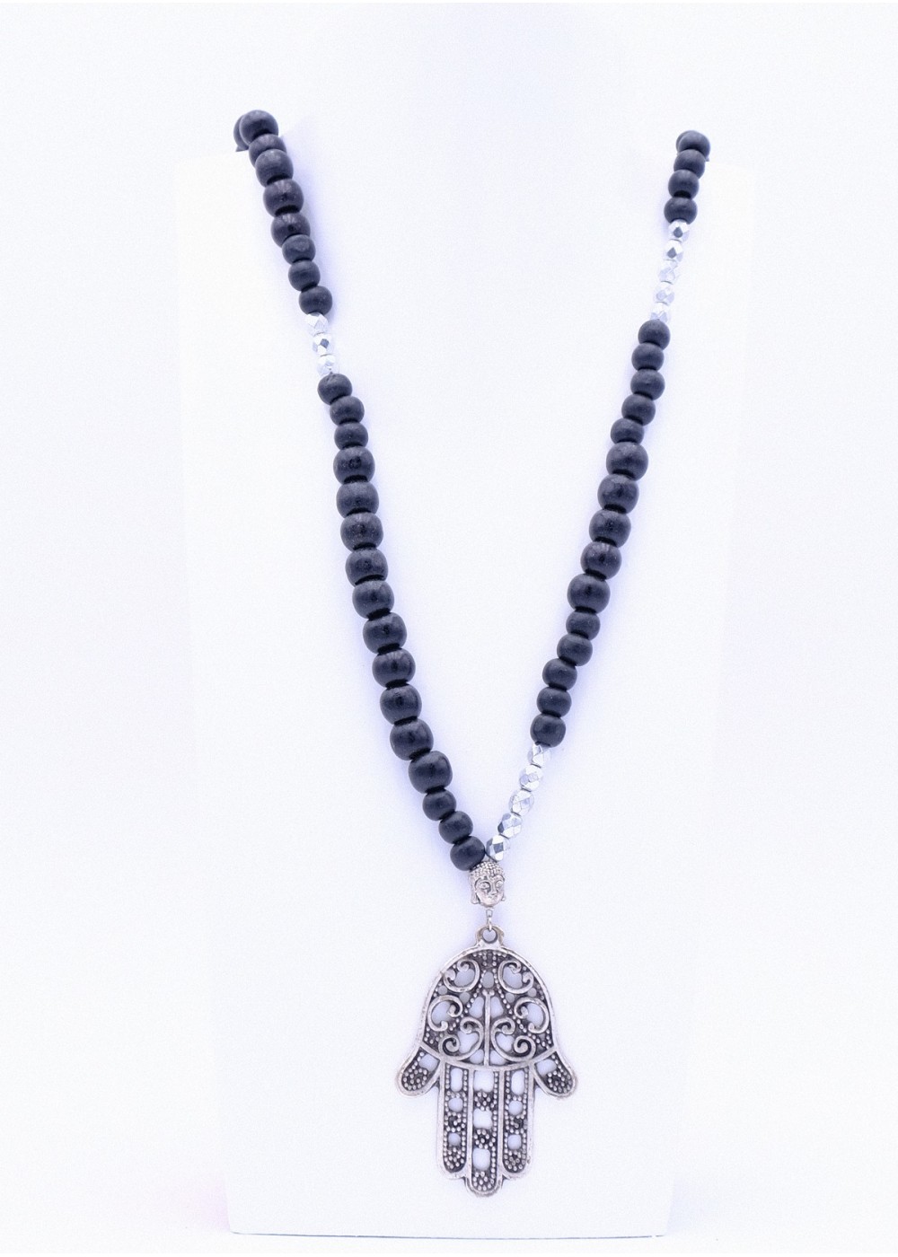 Perlenkette Hamsa Hand XL Silber Schwarz