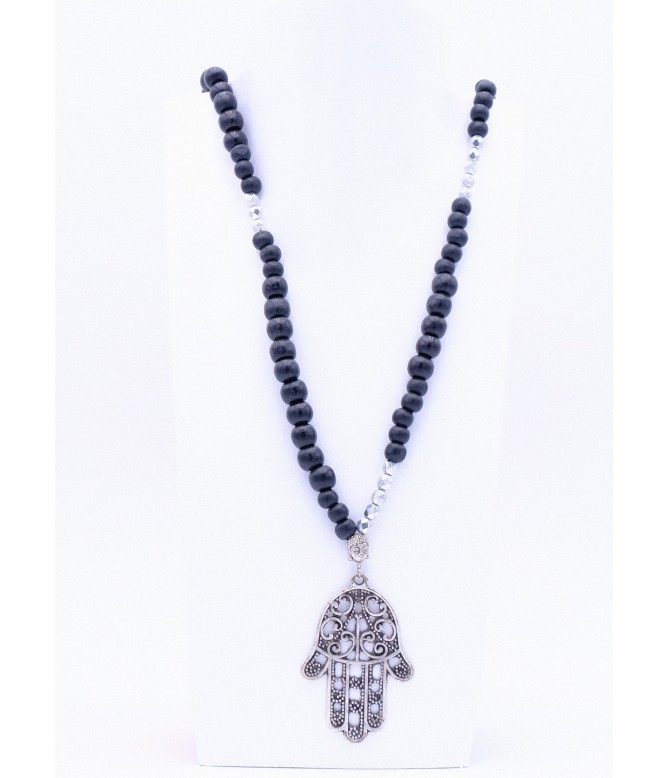 Perlenkette Hamsa Hand XL Silber Schwarz