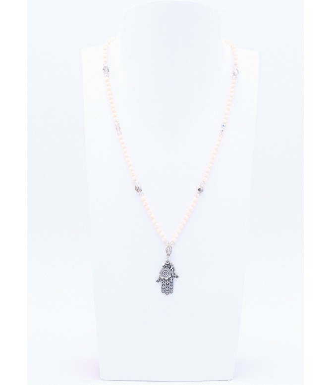 Hamsa Hand Anhänger mit naturfarbener Perlenkette