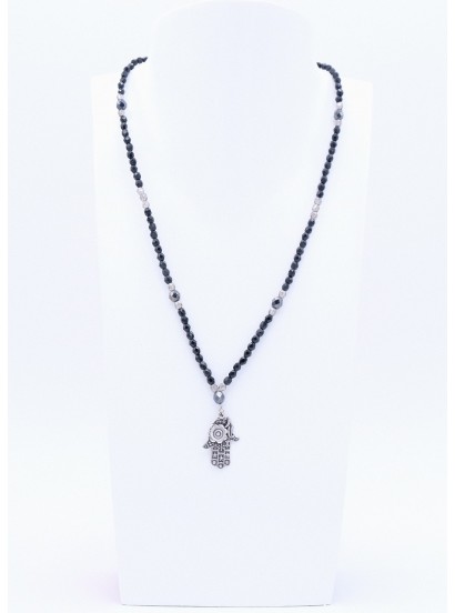 Perlano Glasperlenkette Hamsa Hand Anhänger Silber Schwarz