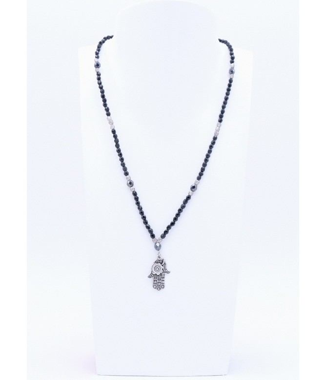 Perlano Glasperlenkette Hamsa Hand Anhänger Silber Schwarz