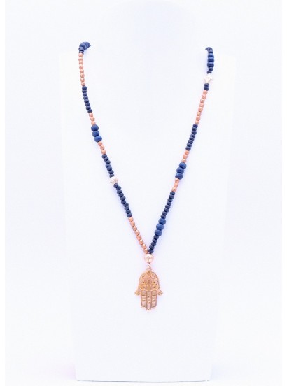 Hamsa Hand Anhänger mit blauer Perlenkette