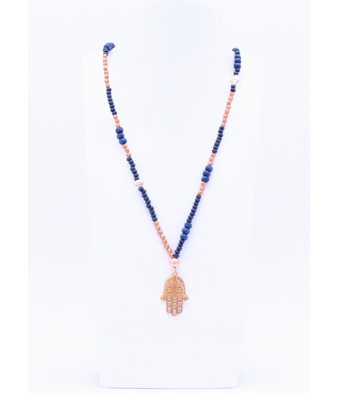 Hamsa Hand Anhänger mit blauer Perlenkette