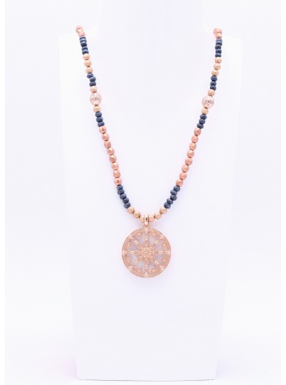 Blaue Perlenkette mit Karma Rad in Perlmutt