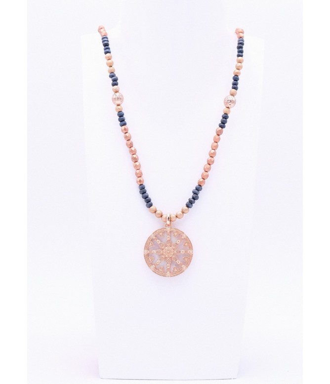 Blaue Perlenkette mit Karma Rad in Perlmutt