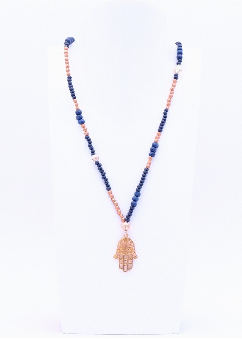 Hamsa Hand Anhänger mit blauer Perlenkette 