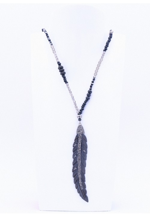 Halskette Knochen Feder mit Strass in Schwarz Anthrazit Halskette Knochen Feder mit Strass in Schwarz Anthrazit