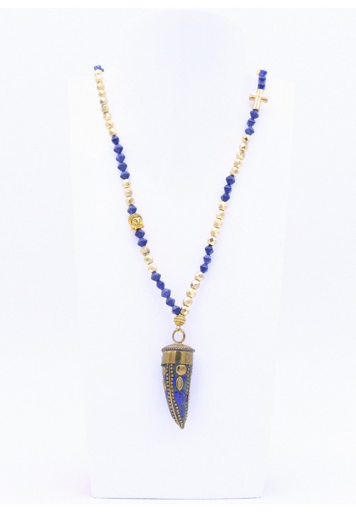 Perlenkette Lang mit Metallzahn in Blau/Gold Perlenkette Lang mit Metallzahn in Blau/Gold