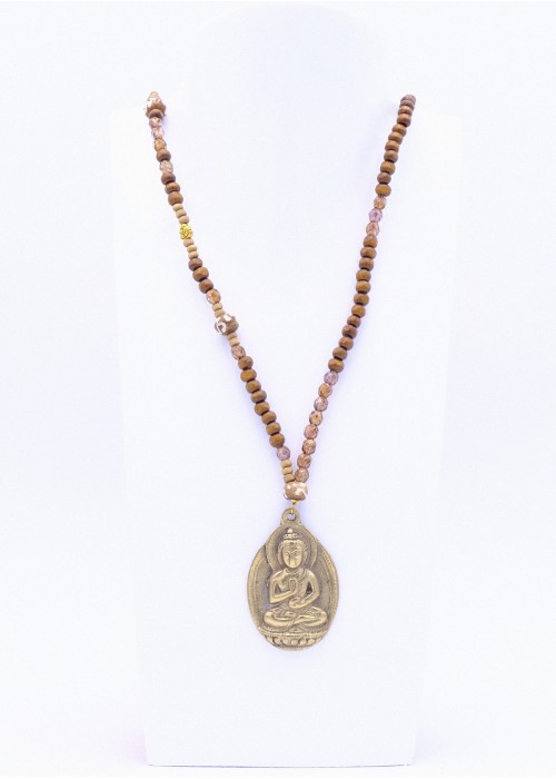 Perlenkette mit Buddha Metallanhänger in Hellbraun