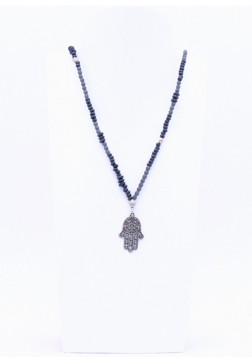 Schwarze Halskette Hamsa Hand mit Silberperlen Schwarze Halskette Hamsa Hand mit Silberperlen