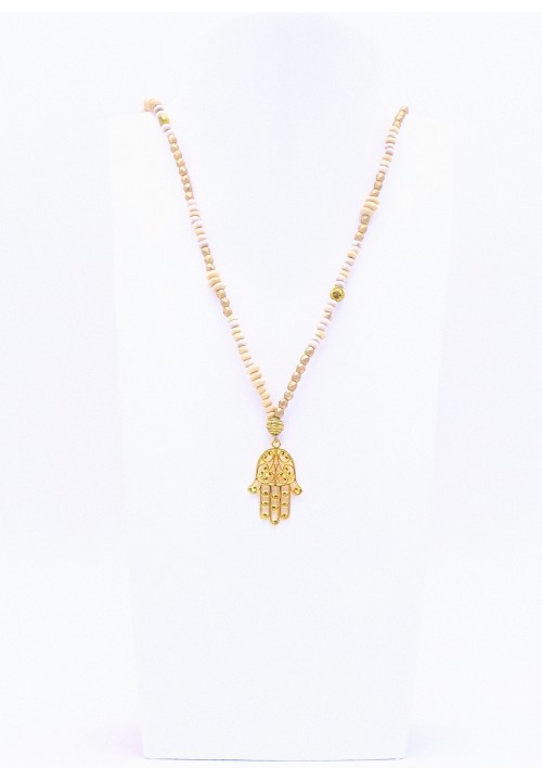 Perlenkette Hamsa Hand in Gold/Creme