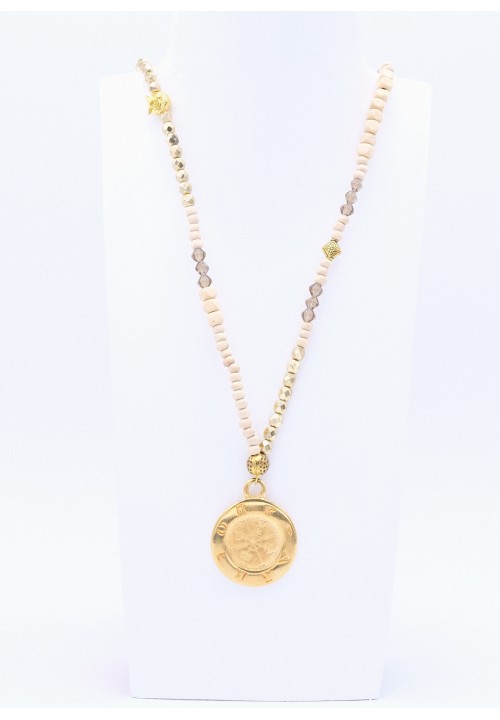 Naturfarbene Kette mit Goldperlen und Symbole Anhänger Naturfarbene Kette mit Goldperlen und Symbole Anhänger