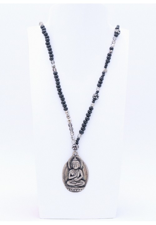 Schwarze Perlenkette mit Metall Buddha Anhänger