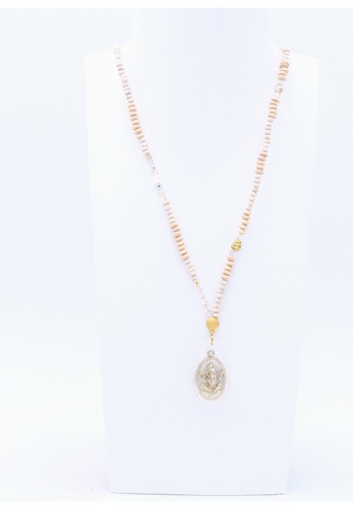 Creme farbene Perlenkette Ganesha mit Goldperlen Creme farbene Perlenkette Ganesha mit Goldperlen