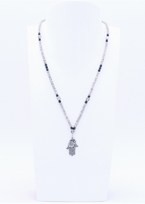 Halskette in Schwarz Anthrazit mit silberner Hamsa Hand